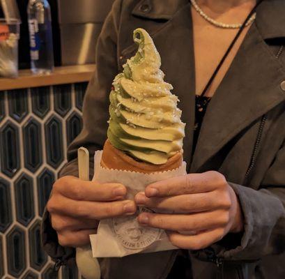 Matcha calamansi twist with condensed milk and coconut shavings