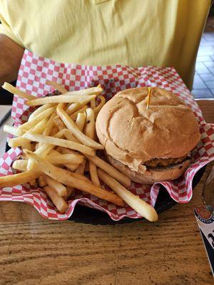 Plain burger plain fries, root beer Excellent Bloody Mary & Chaser