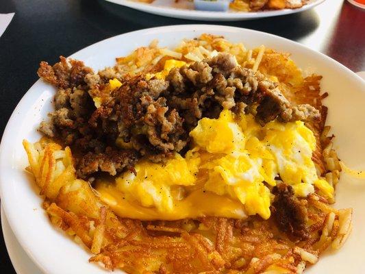 Sausage, eggs with cheese and hash browns