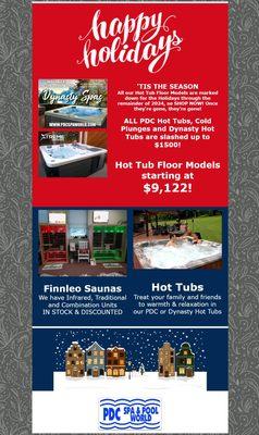 Holiday Sales on Hot Tubs, Cold Plunge Tubs, Finnleo Saunas, Floor Model Deals!