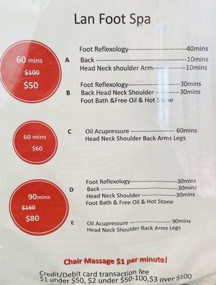 LAN Foot Spa Service Prices