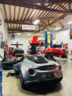 Alfa, Romeo, 4C service and track preparation. Ferrari 308 being re-commissioned after 20 years of storage.