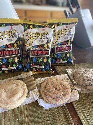 Voodoo chips $2.95, cookie $2.75 snickerdoodle, sprinkle sugar, chocolate chip