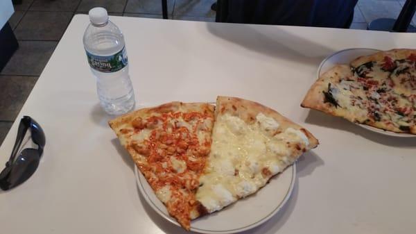 On the left buffalo chicken. On the right a white slice.