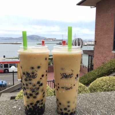 Mango peach smoothie with boba and oak milk