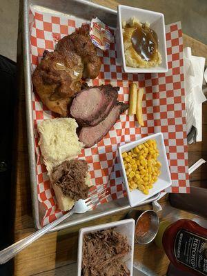 Smoked Chicken  Tri-tip Pit beef  With mashed potatoes and gravy with some Seasoned Corn