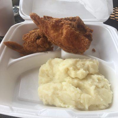 White meat fried chicken and mashed potatoes