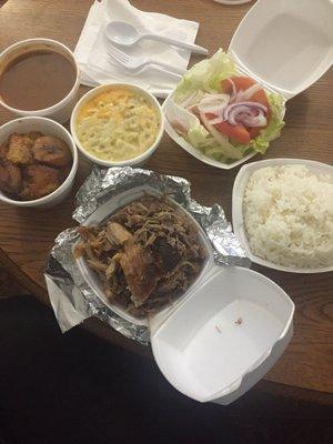 My full meal exactly as it was delivered (pernil, white rice, salad, macaroni and cheese, red beans, sweet plantains)