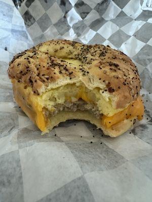 Sausage egg and cheese on an everything bagel