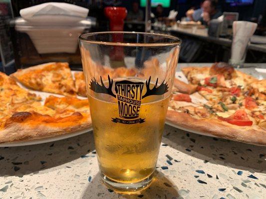 Bleu Buffalo pizza & Chicken Caprese pizza, paired with a delicious local blonde!