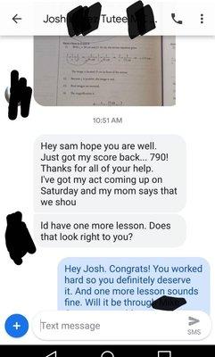 Update text message from a student on achieving a 790/800 on his SAT Subject Math Level 2 Exam.