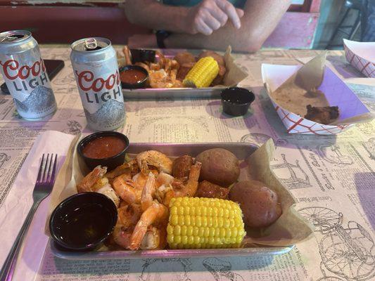 Lunch special - 1/2 lbs. shrimp, sausage, potatoes, and corn.