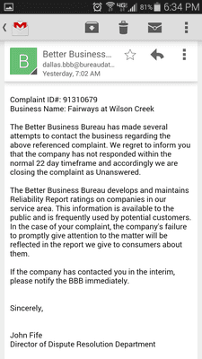 Email from BBB explaining that they have made several attempts to contact the FAIRWAYS with no response.