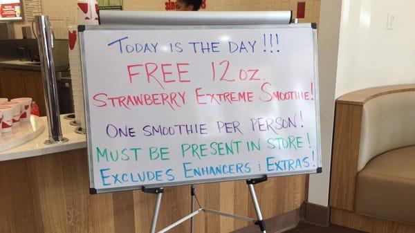 Go get your free 12oz. strawberry extreme smoothie today! This offer ends at 9pm.