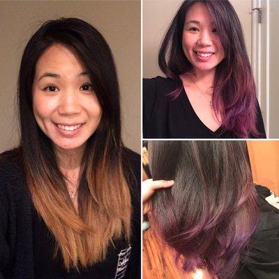 Before and immediately after! I had golden hair; Malika lightened the top (highlights) and then put a blended purple/pink color in.