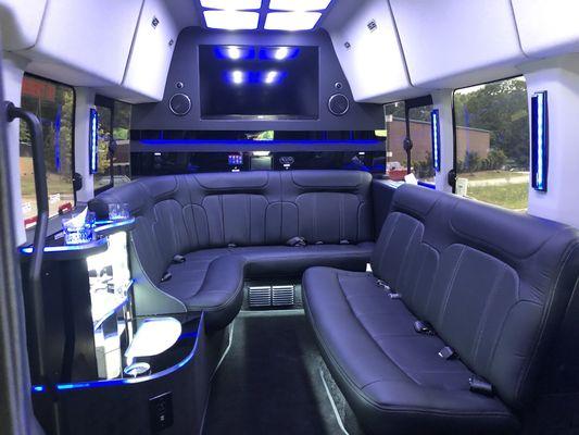 The lighted interior of our all new Limo Party Van!