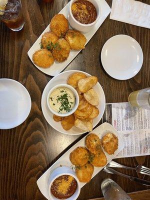 Appetizers: ravioli, onion dip