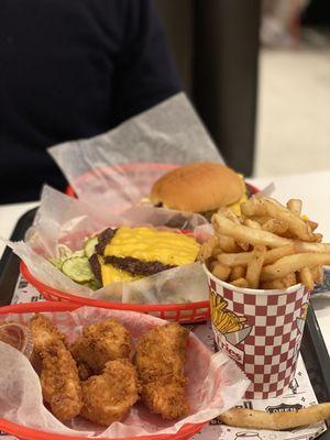 Nuggets, fries, Milkman (double) on bed of shrettuce (gluten free), Milkman (double) regular