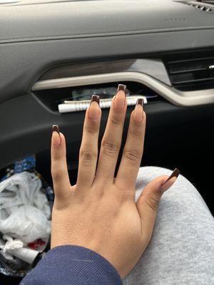 Brown French tip, medium length nails