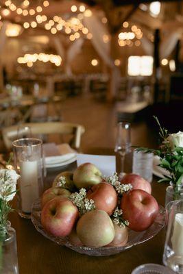 Karen added the wax flowers to our apple bowls