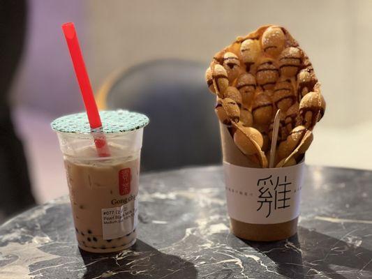 Milk tea and egg waffle