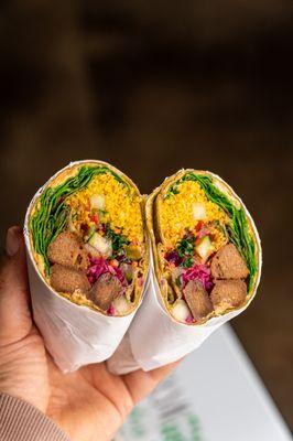 Our delicious wheat wrap with spinach, couscous, and vegan beef