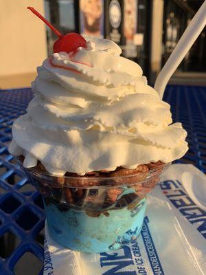 Blue Monster Hot fudge sundae