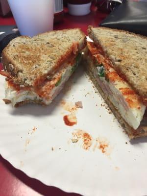 Egg white sandwich with ham & veggies - of course sriacha