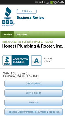 The Better Business Bureau gives Honest Plumbing and Rooter an "A"