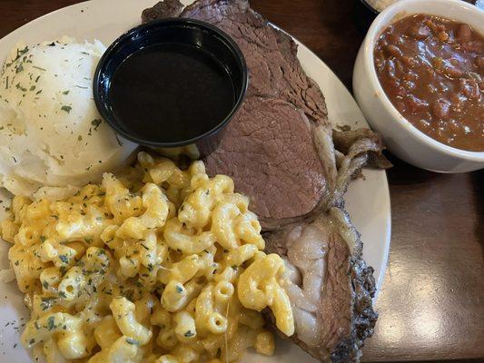 Prime Rib w/ Garlic mashed potatoes and mac & cheese. Baked beans on the side