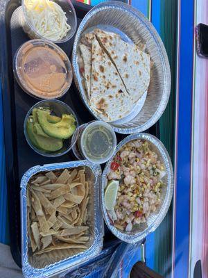 Shrimp Quesadillas de Camarones "Summer Style" Ensalada Fondita with shrimp (avocado/tortilla strips on side)