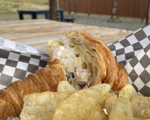 Chicken Waldorf Salad: Creamy salad with cubed chicken, grapes, apples, celery and candied pecans. Served on a croissant or over mixed green