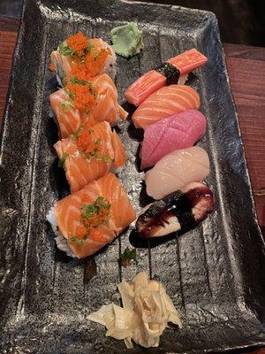 salmon madness roll w crabstick, salmon, toro, scallop, and unagi nigiri