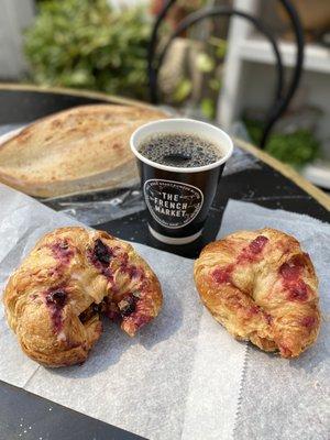 Blueberry lemon thyme croissant, strawberry croissant, Asiago loaf, coffee