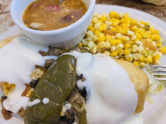 Chimichanga with Mexican corns, boracha beans