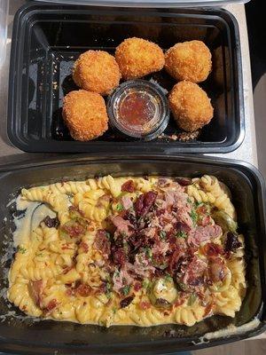 Top to bottom: Habanero Mac Balls, Habanero Mac & Cheese