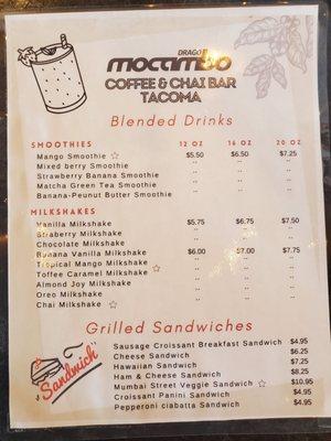 Blended Drinks & Grilled Sandwiches Menu