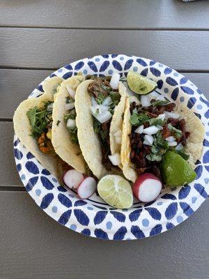 From left to right: flor de calabaza (squash blossom), nopal (cactus), barbacoa, and Al Pastor