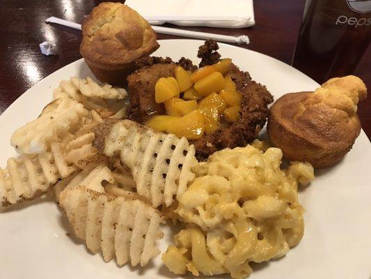 Peach and Pecan Crusted Chicken, fries, Mac and cheese, and corn bread muffins!