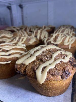 Vegan gluten-free chocolate chip muffins with cookie butter glaze