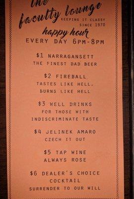 Happy Hour Menu as of Aug. 17, 2017.