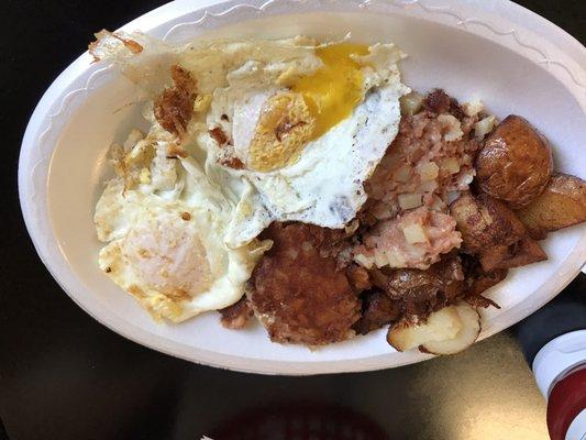 Homemade corned beef hash and eggs