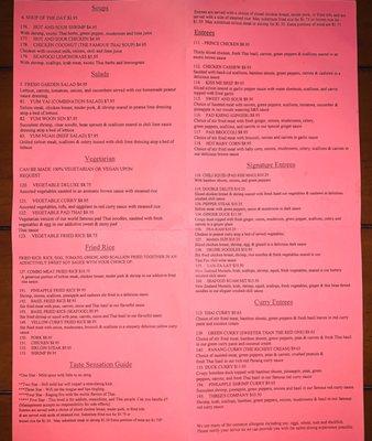 Menu, signature & curry entrees, Thai pan dragon alley restaurant, Yelp's night in, To Go, Indian Rocks Beach island, St Pete, Tampa Bay