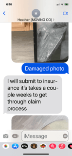 Heather's text stating she's going to submit claim to her insurance.