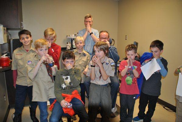 Dr. Kaneaster taught the scouts about the first response to a nosebleed...Add pressure.