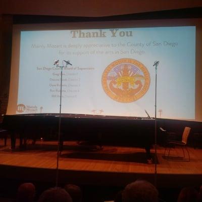 Stage setup as crowd took seats for Mainly Mozart Spotlight Series Four Piano Spectacular