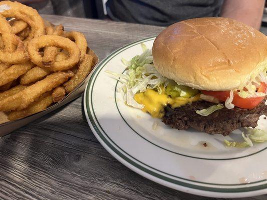 Rod's cheeseburger and onion rings