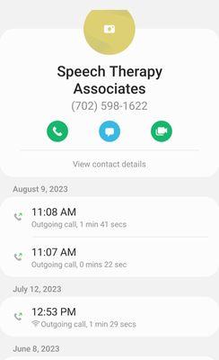 Call log for the latest contact with Speech Therapy Associates.