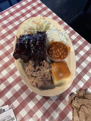 3 Meat Combo Plate: Pulled pork, brisket, ribs, potato salad, coleslaw, beans, roll