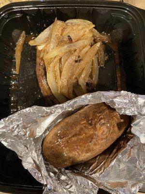 Smothered steak and loaded baked potato, toppings were in separate containers